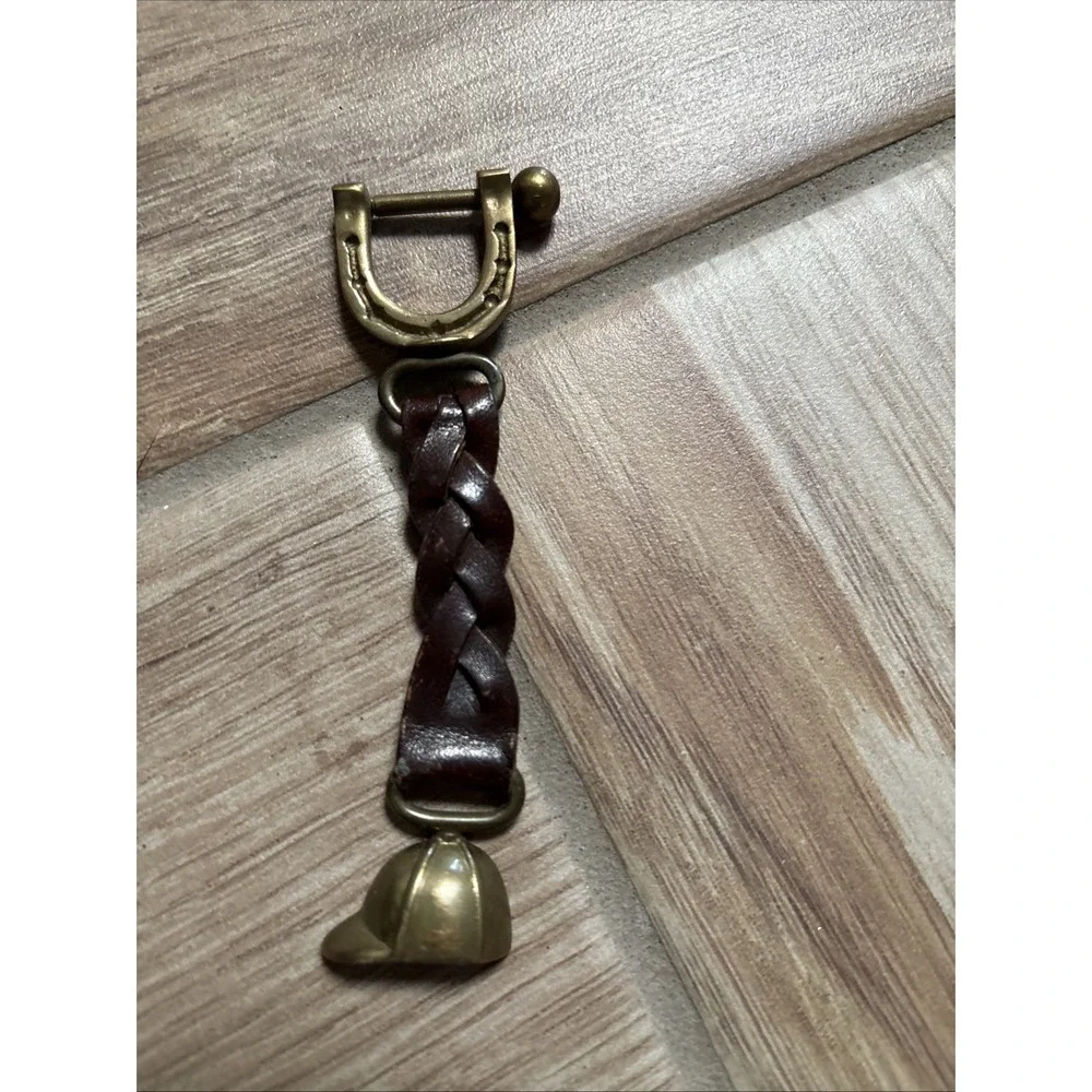 Brass Stirrup Riding Helmet Key‎ ring Braided Lariat Keychain Leather Horse POLO